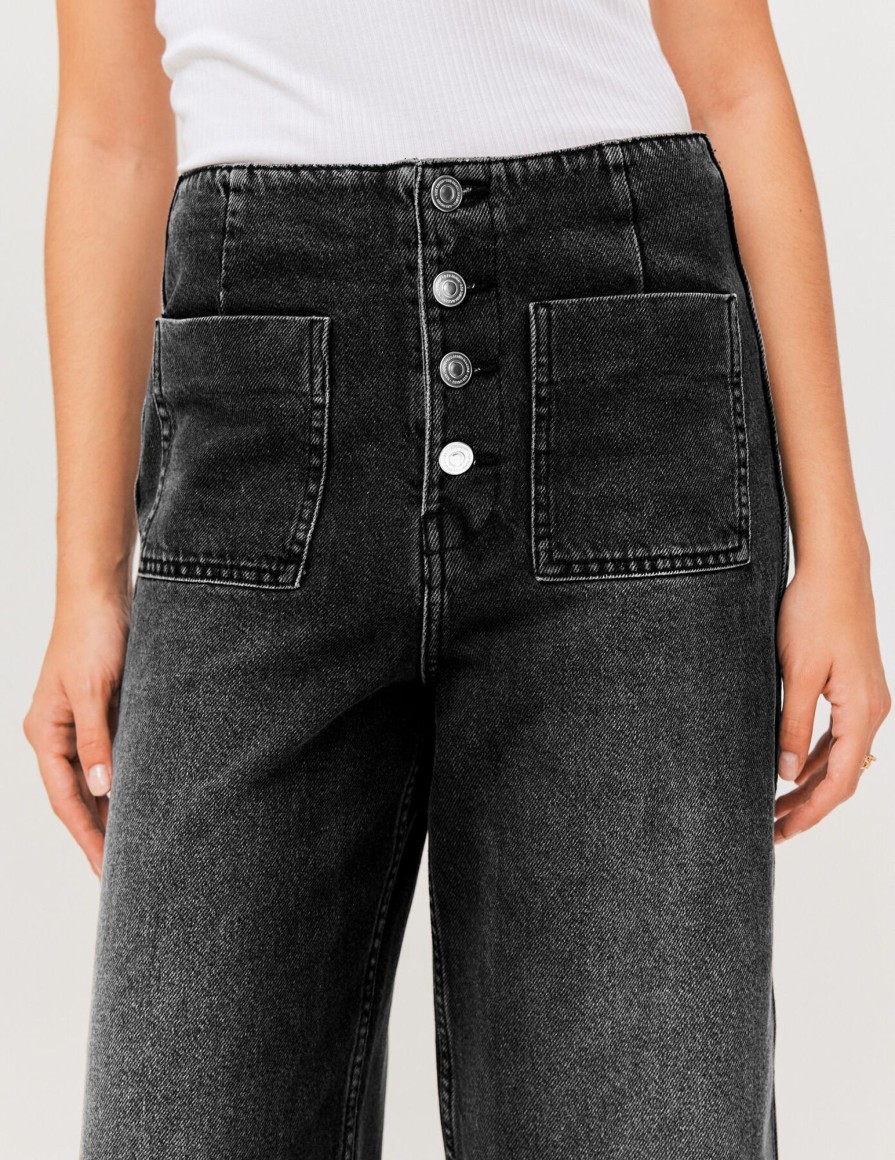 Femme BZB Jeans | Jean Wide Leg Cropped Boutonne Noir