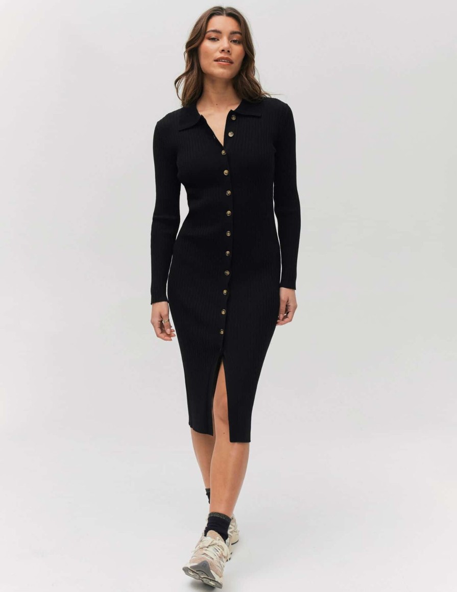 Femme BZB Robe | Robe Longue Col Polo Noir