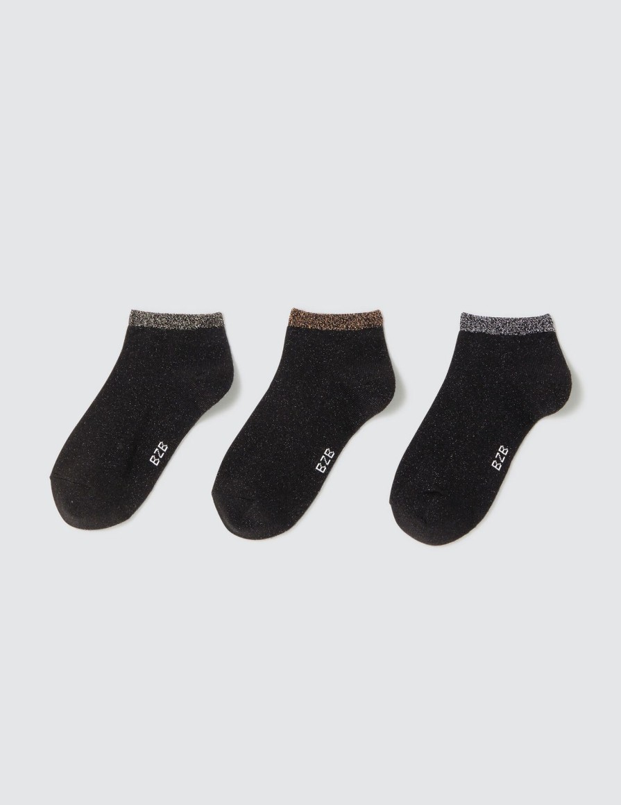 Femme BZB Collants & Chaussettes | Lot De 3 Paires De Socquettes Es A Bord Lurex Noir