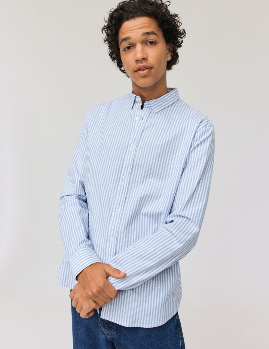 Homme BZB Chemise | Chemise Rayee Ajustee Bleu Clair