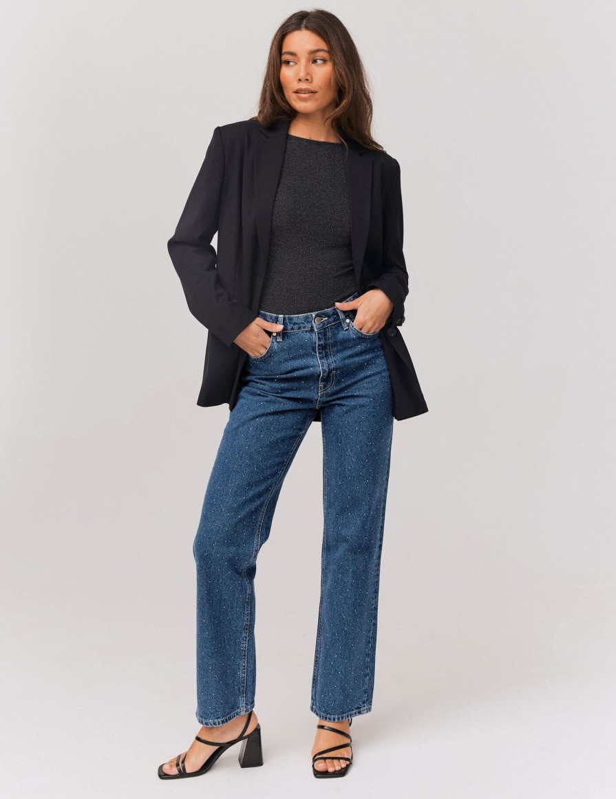 Femme BZB Jeans | Jean Straight A Strass Bleu Fonce