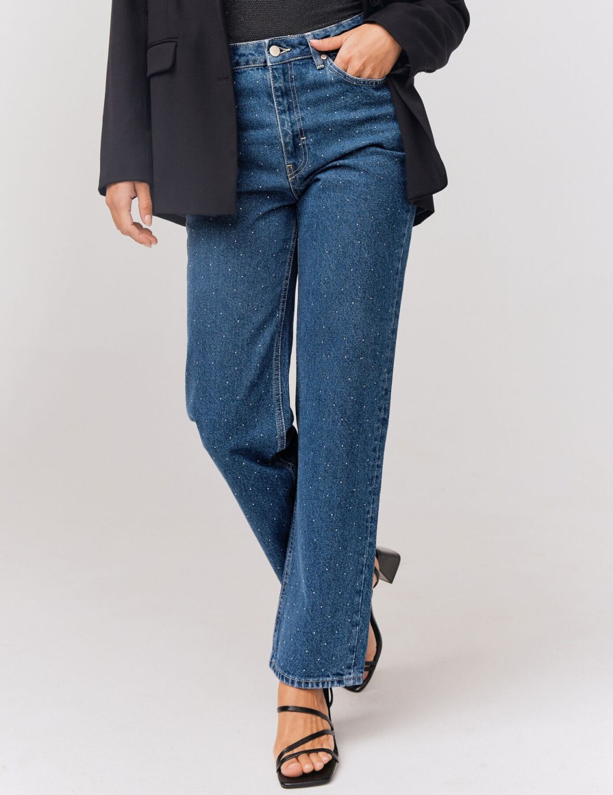 Femme BZB Jeans | Jean Straight A Strass Bleu Fonce