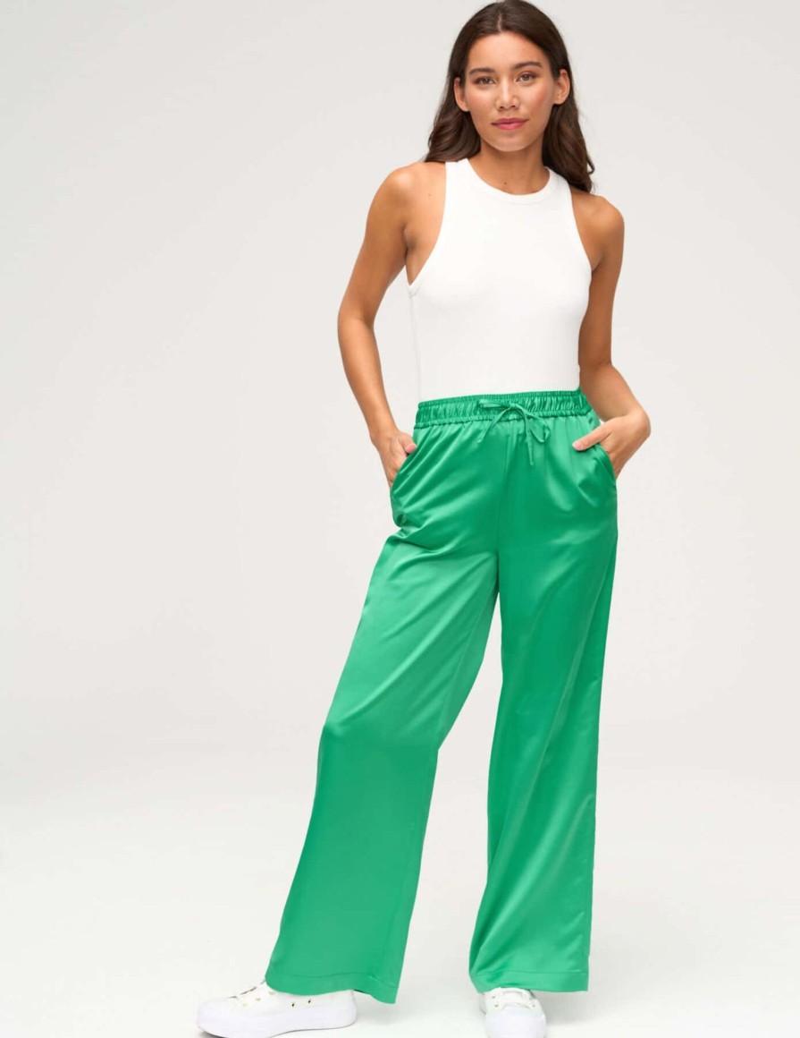 Femme BZB Pantalon | Pantalon Satin Taille Elastiquee Vert