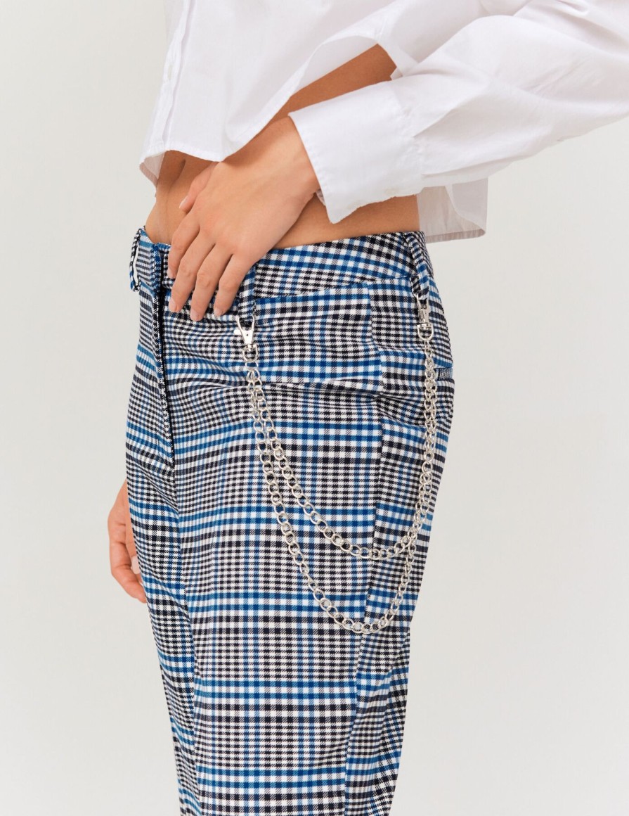 Femme BZB Pantalon | Pantalon Carreaux Avec Chaine Bleu Fonce