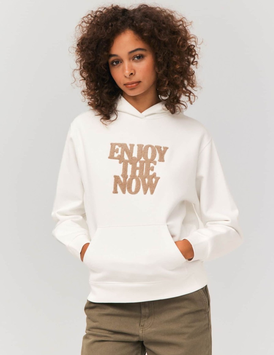 Femme BZB Sweat | Sweat Capuche Brode Blanc