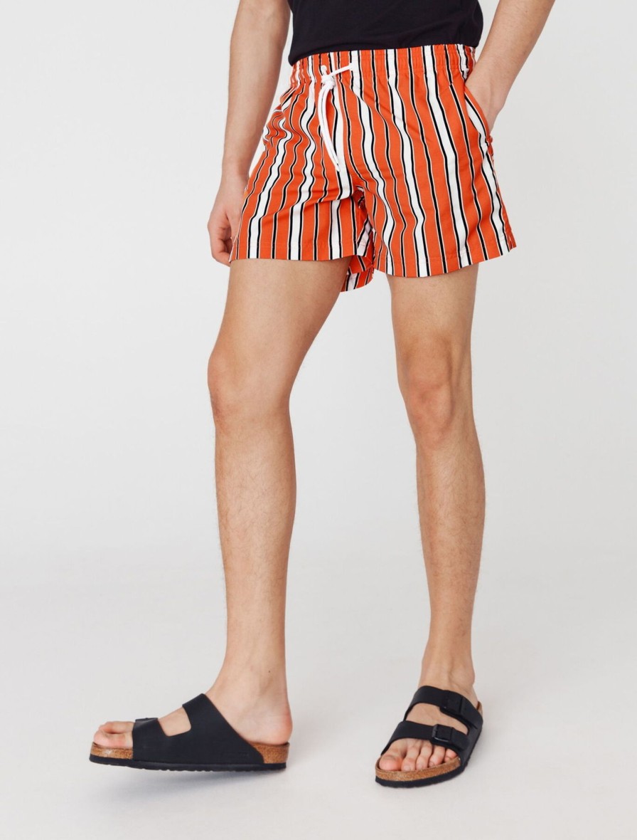 Homme BZB Shorts De Bain | Short De Bain Mi-Long Rayures Orange Fantaisie