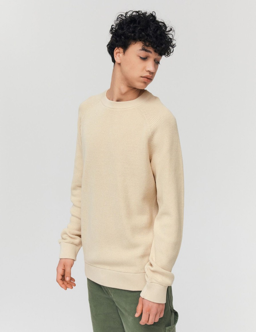 Homme BZB Pull | Pull Col Rond Coton Uni Ecru