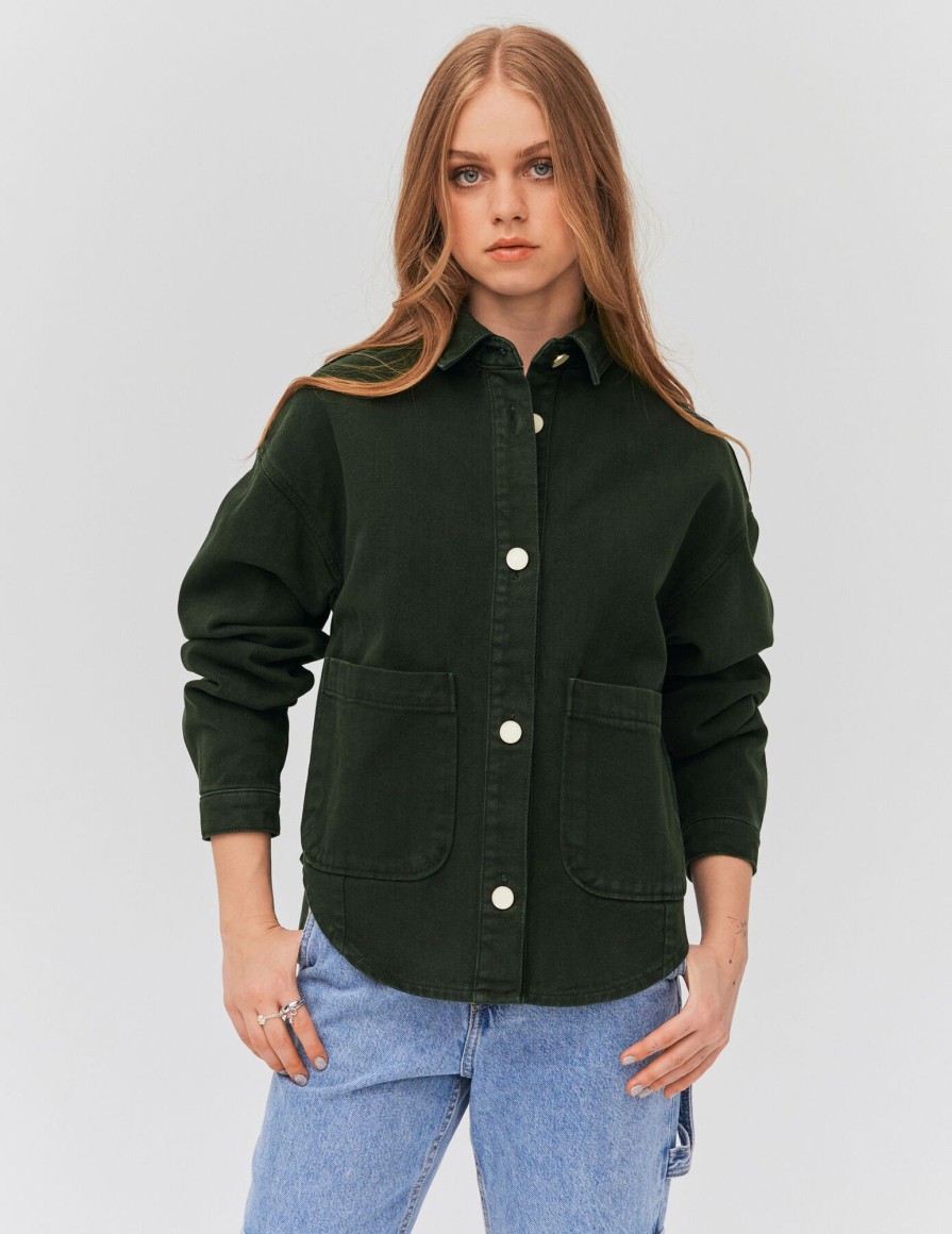 Femme BZB Veste & Blouson | Veste En Jean Boutons Dores Vert Kaki