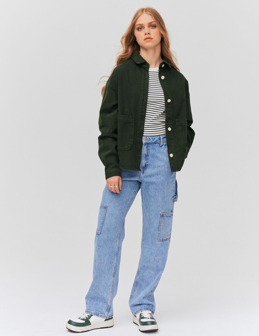 Femme BZB Veste & Blouson | Veste En Jean Boutons Dores Vert Kaki