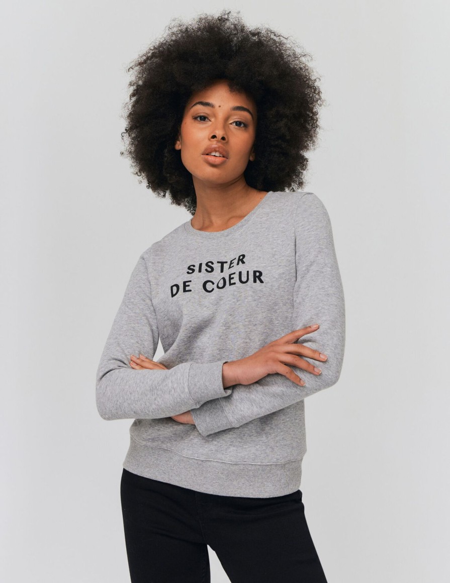 Femme BZB Sweat | Sweat Imprime "Sister De Coeur" Gris Clair