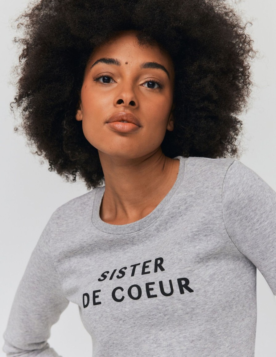 Femme BZB Sweat | Sweat Imprime "Sister De Coeur" Gris Clair