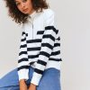 Femme BZB Sweat | Sweat Col Camionneur Raye Bleu Fonce