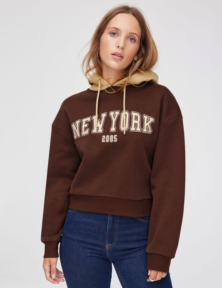 Femme BZB Sweat | Sweat Campus Contraste New York Marron