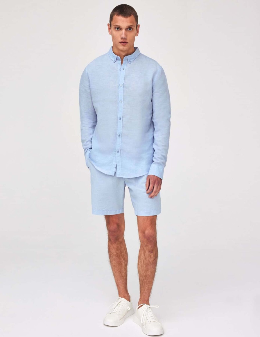 Homme BZB Chemise | Chemise Unie En Coton Lin Bleu Clair