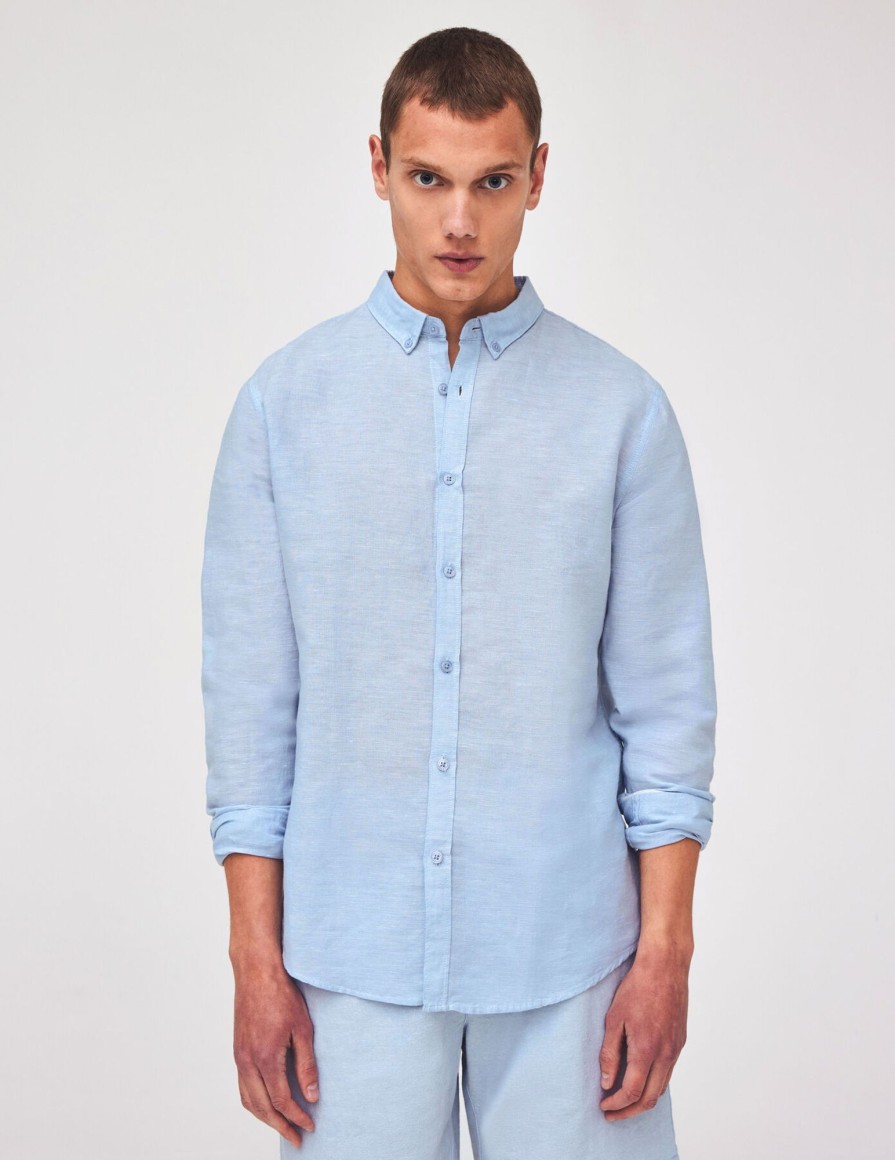 Homme BZB Chemise | Chemise Unie En Coton Lin Bleu Clair