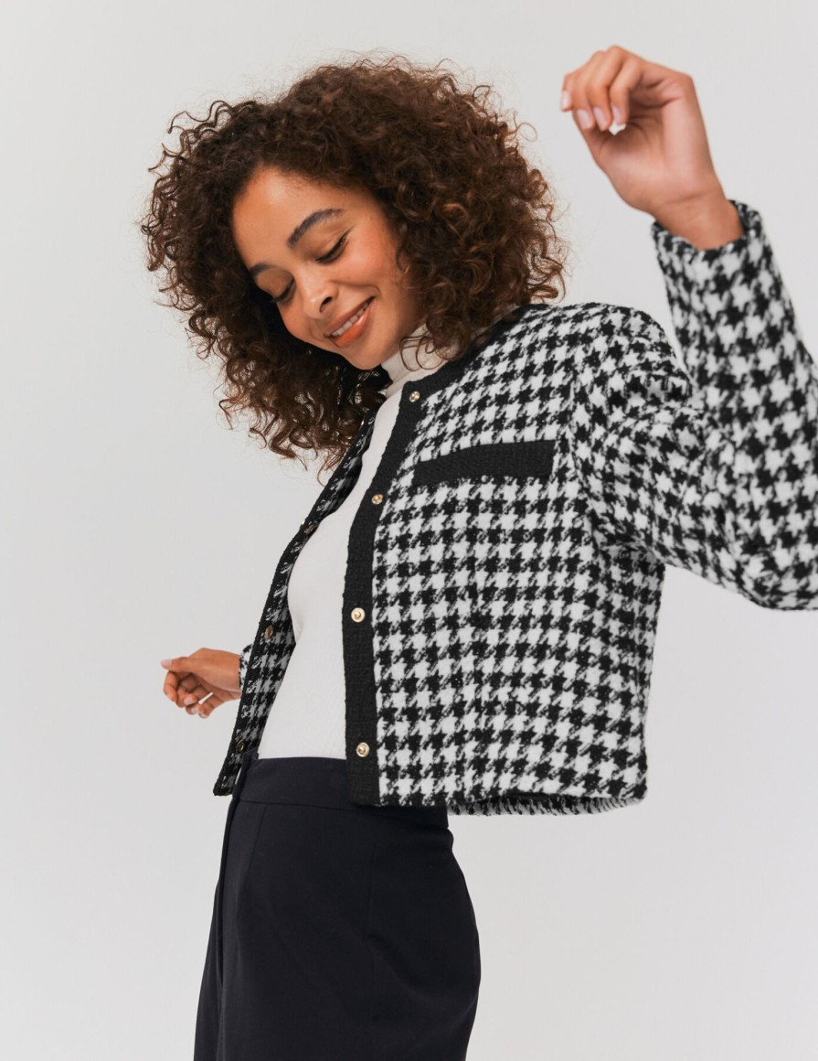 Femme BZB Veste & Blouson | Veste Tweed Pieds De Poule Noir