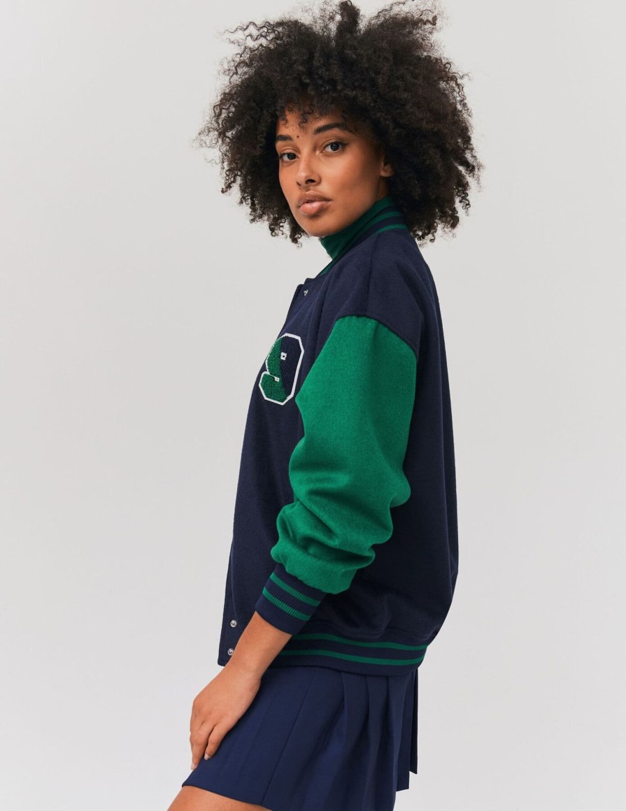 Femme BZB Veste & Blouson | Veste Bomber Manches Contrastees Bleu Fonce