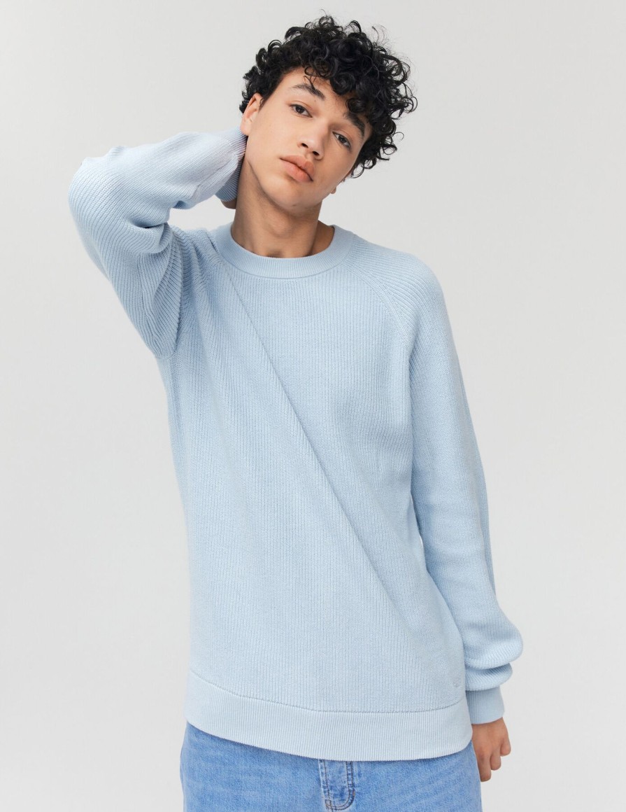 Homme BZB Pull | Pull Col Rond Coton Uni Bleu Clair