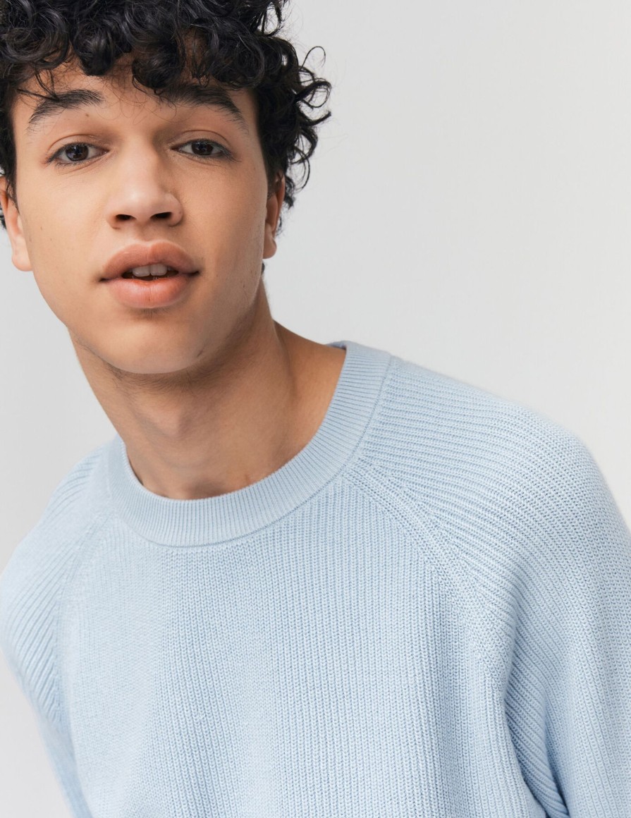 Homme BZB Pull | Pull Col Rond Coton Uni Bleu Clair