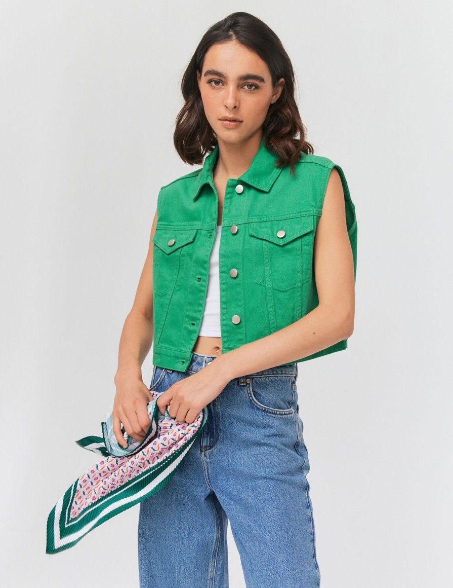 Femme BZB Veste & Blouson | Veste Denim Couleur Sans Manches Vert