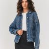 Femme BZB Veste & Blouson | Veste En Jean Boutons Bijoux Bleu Fonce