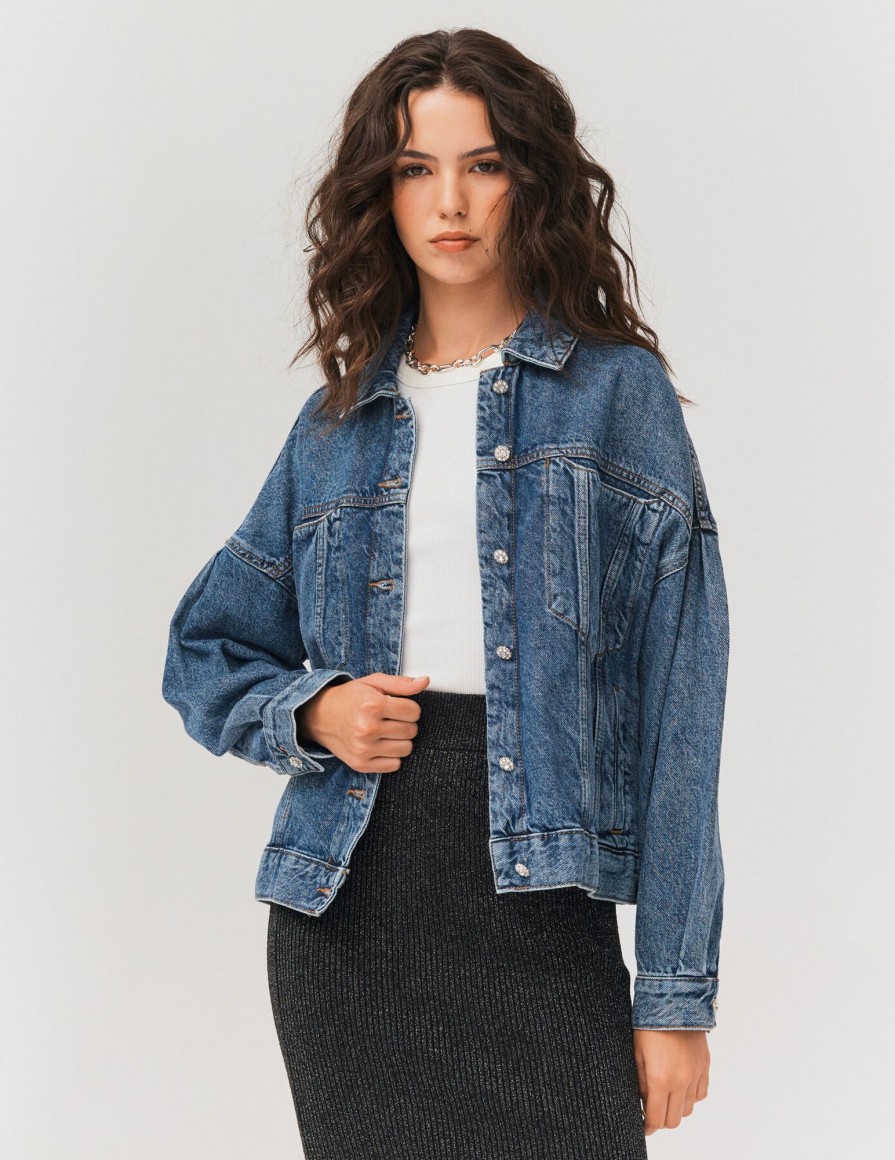 Femme BZB Veste & Blouson | Veste En Jean Boutons Bijoux Bleu Fonce