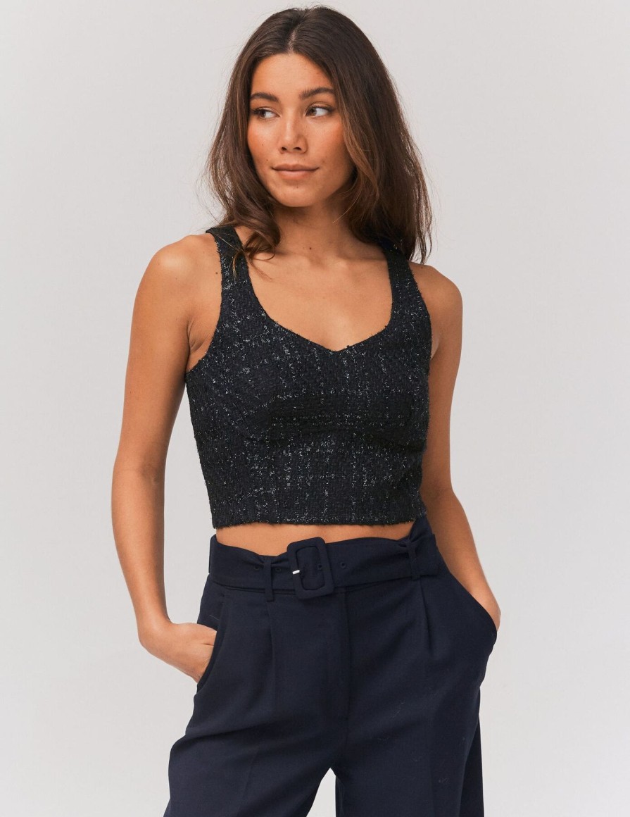 Femme BZB Top & Debardeur | Top Corset En Tweed Bleu Fonce